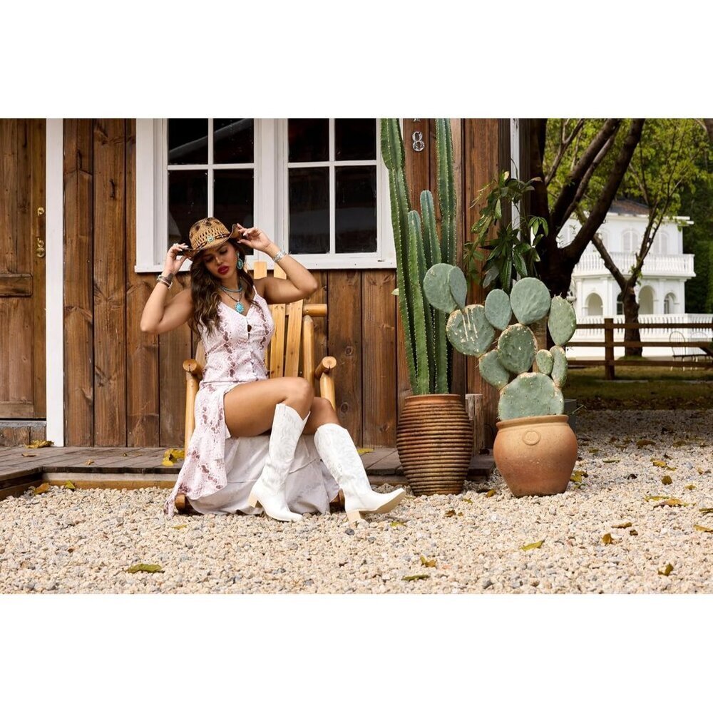 Women's White Knee High Western Cowgirl Boots Snip Toe Side Zipper Chunky Heel - Picture 6 of 6